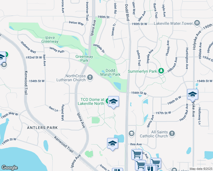 map of restaurants, bars, coffee shops, grocery stores, and more near 19351 Indiana Avenue in Lakeville