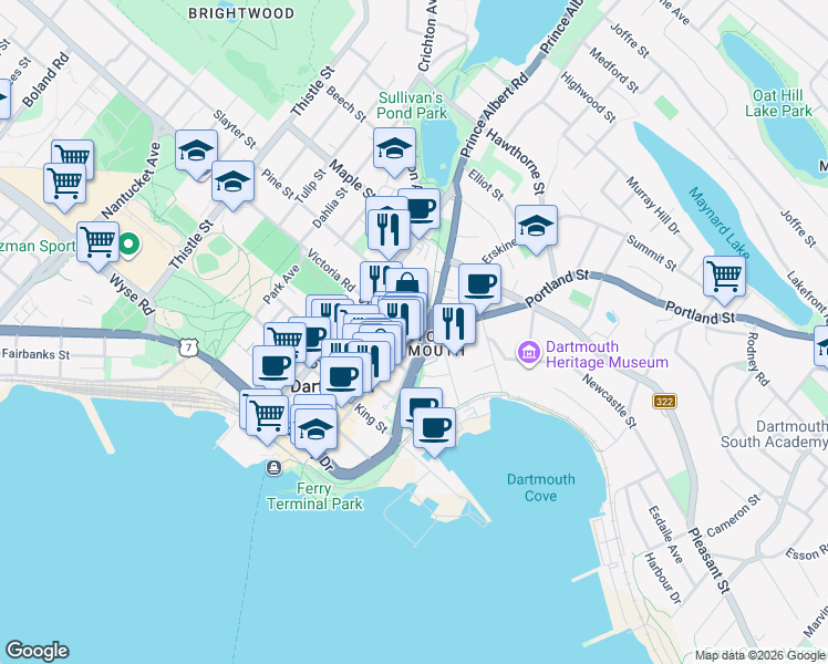 map of restaurants, bars, coffee shops, grocery stores, and more near 165 Portland Street in Dartmouth