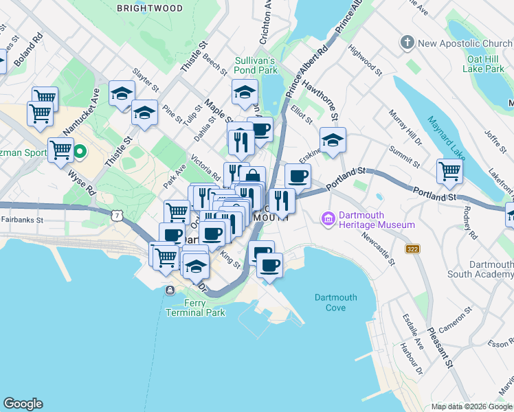 map of restaurants, bars, coffee shops, grocery stores, and more near 165 Portland Street in Dartmouth
