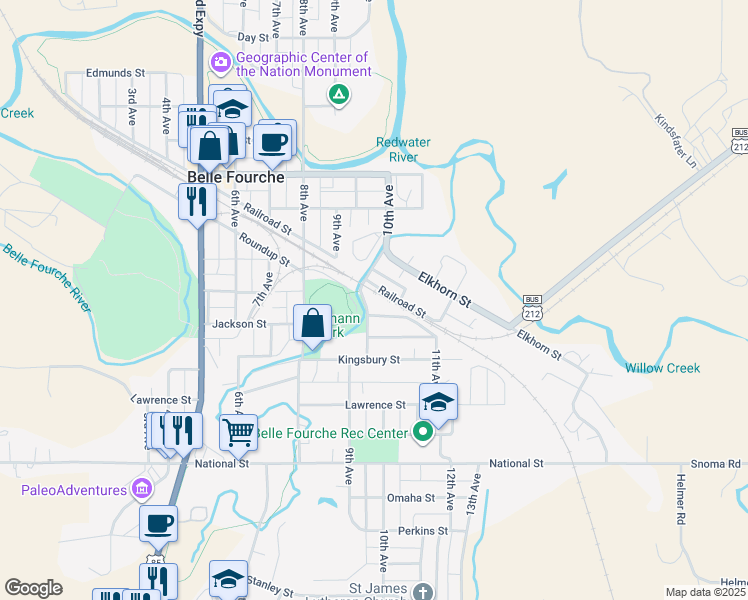 map of restaurants, bars, coffee shops, grocery stores, and more near 1000-1048 10th Avenue in Belle Fourche