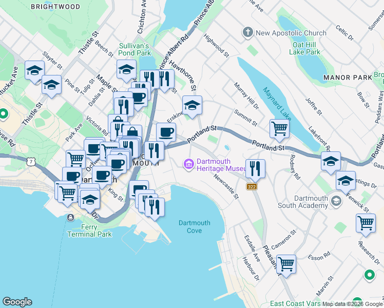 map of restaurants, bars, coffee shops, grocery stores, and more near 14 Albert Street in Dartmouth
