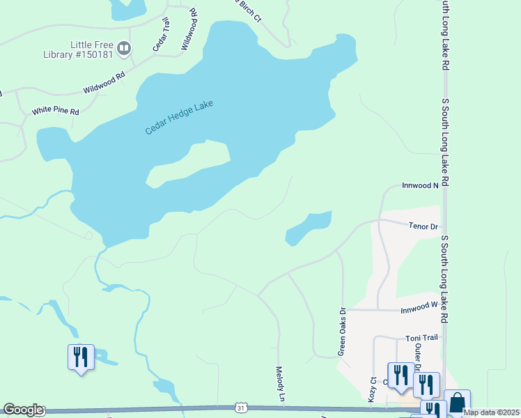 map of restaurants, bars, coffee shops, grocery stores, and more near 9900-10174 Harmony Drive in Interlochen