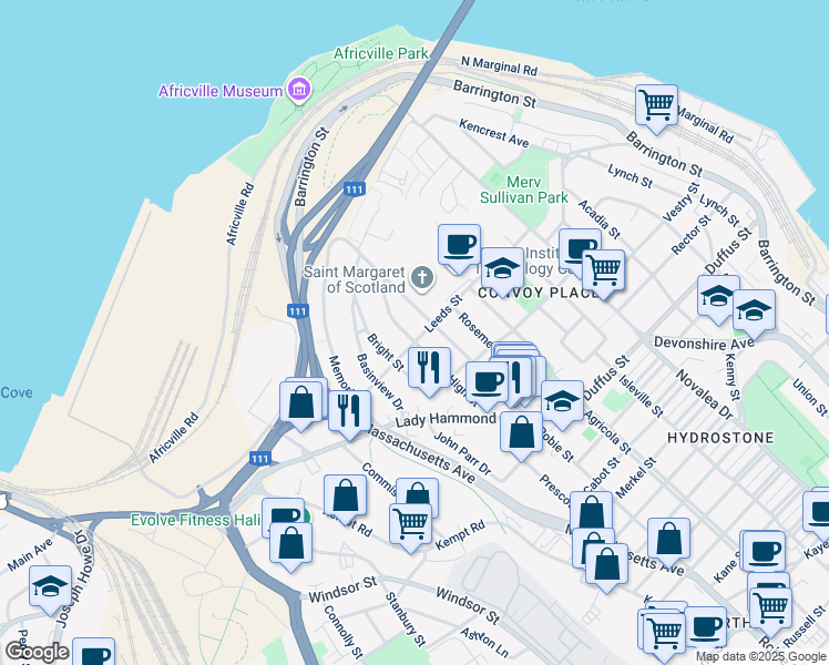map of restaurants, bars, coffee shops, grocery stores, and more near 6078 Leeds Street in Halifax