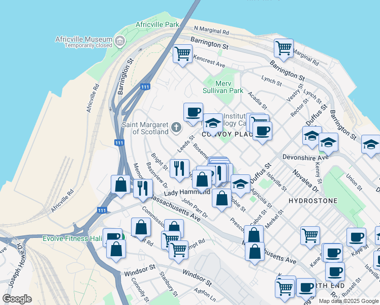 map of restaurants, bars, coffee shops, grocery stores, and more near 3685 Robie Street in Halifax