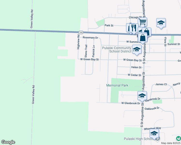 map of restaurants, bars, coffee shops, grocery stores, and more near 560 Wendy Way in Pulaski