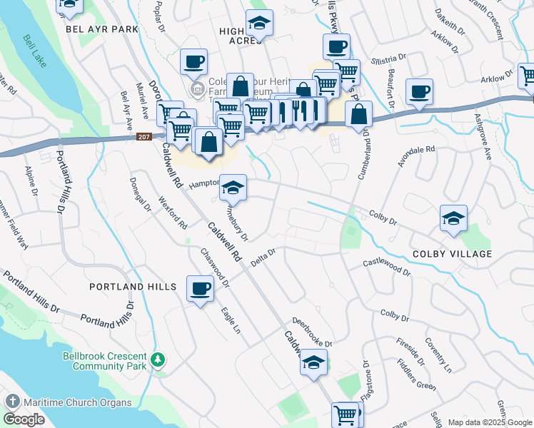 map of restaurants, bars, coffee shops, grocery stores, and more near 31 Hannebury Drive in Dartmouth