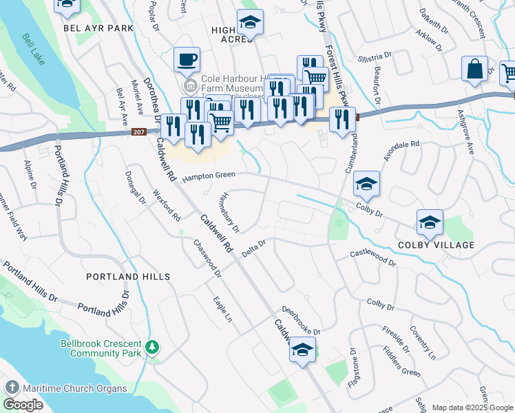 map of restaurants, bars, coffee shops, grocery stores, and more near 31 Hannebury Drive in Dartmouth