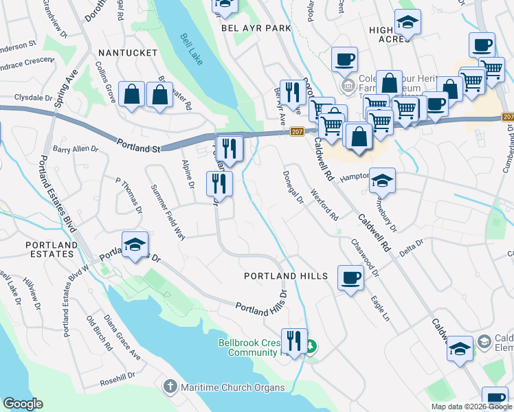 map of restaurants, bars, coffee shops, grocery stores, and more near 52 Whitehall Crescent in Dartmouth