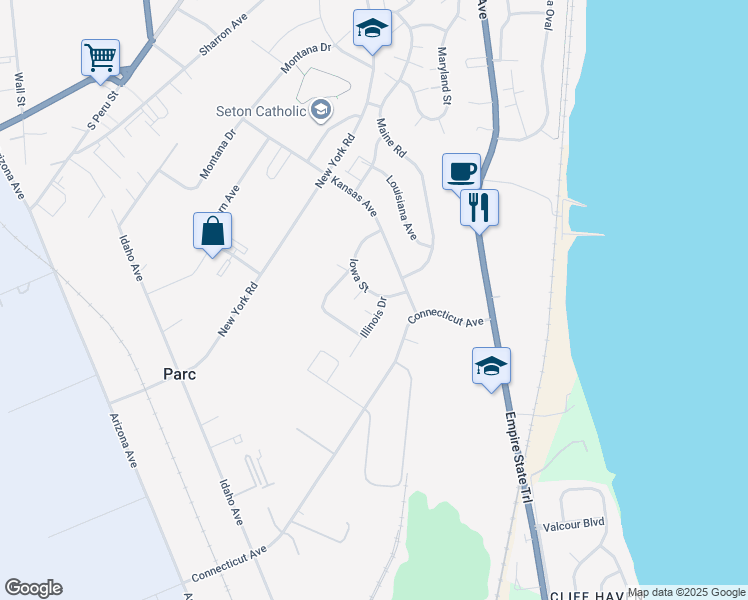 map of restaurants, bars, coffee shops, grocery stores, and more near Illinois Drive in Plattsburgh