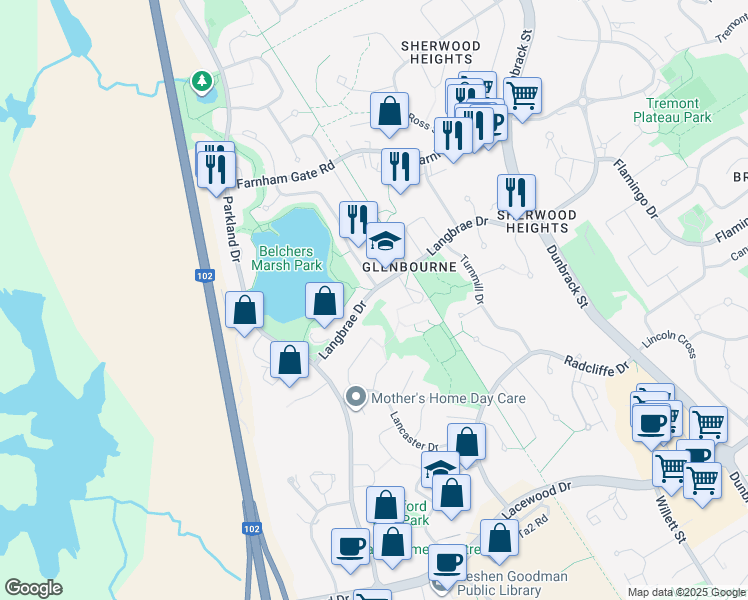 map of restaurants, bars, coffee shops, grocery stores, and more near 246 Langbrae Drive in Halifax