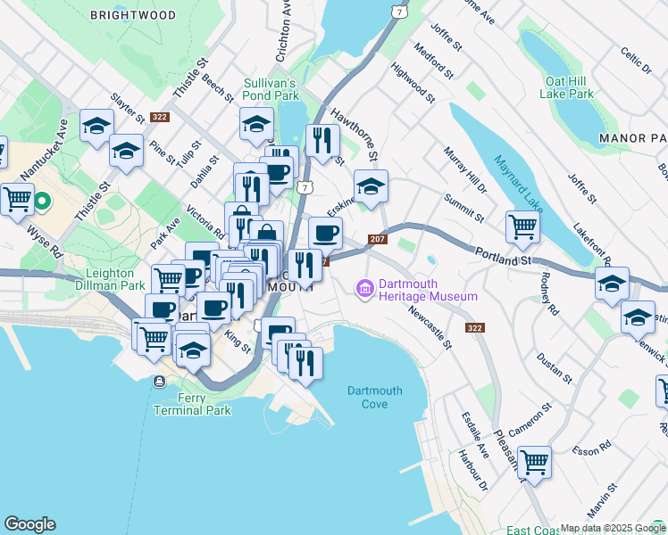 map of restaurants, bars, coffee shops, grocery stores, and more near 28 Maitland Street in Dartmouth