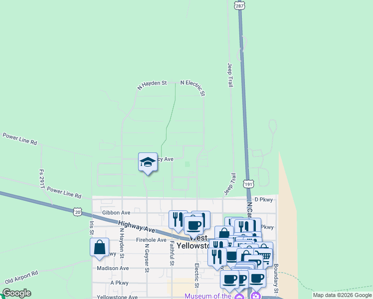 map of restaurants, bars, coffee shops, grocery stores, and more near 312 Nez Perce Avenue in West Yellowstone