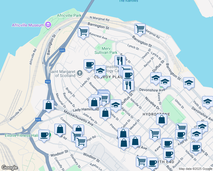 map of restaurants, bars, coffee shops, grocery stores, and more near 5668 Normandy Drive in Halifax