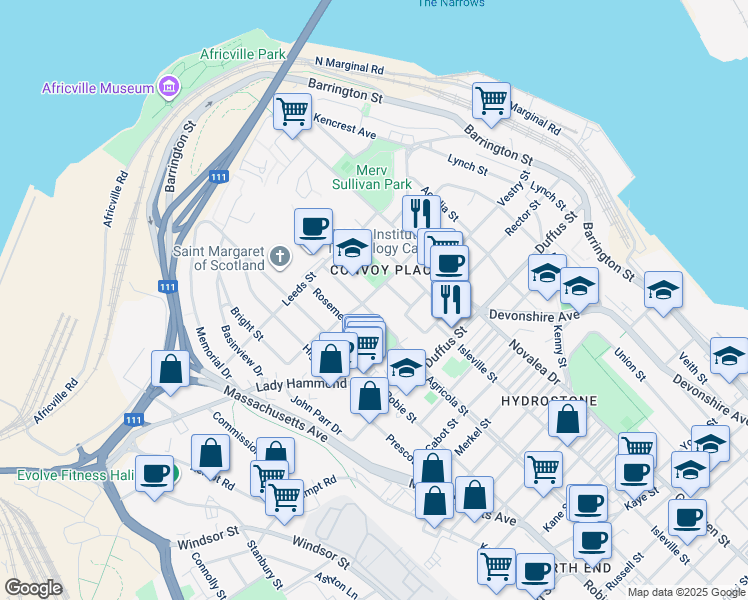map of restaurants, bars, coffee shops, grocery stores, and more near 5668 Normandy Drive in Halifax