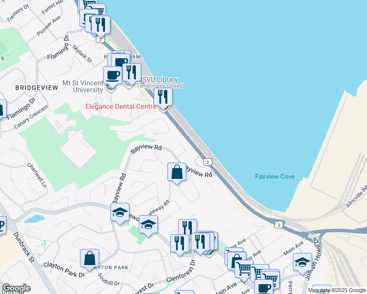 map of restaurants, bars, coffee shops, grocery stores, and more near Look Off Lane in Halifax