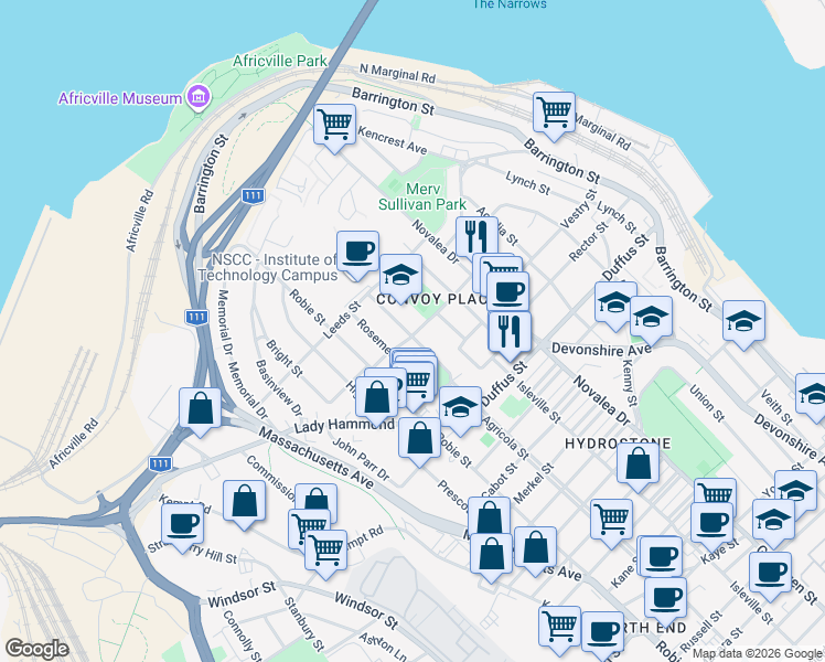 map of restaurants, bars, coffee shops, grocery stores, and more near 3669 Highland Avenue in Halifax
