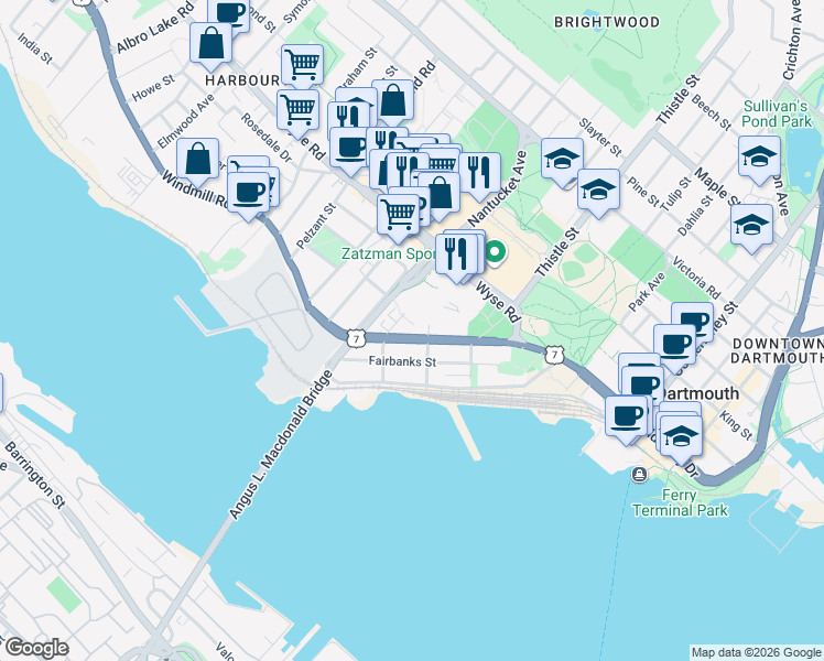 map of restaurants, bars, coffee shops, grocery stores, and more near 23 Best Street in Dartmouth