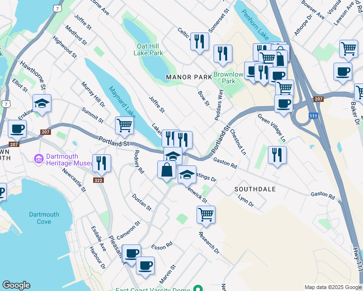 map of restaurants, bars, coffee shops, grocery stores, and more near 4 Lakefront Road in Dartmouth