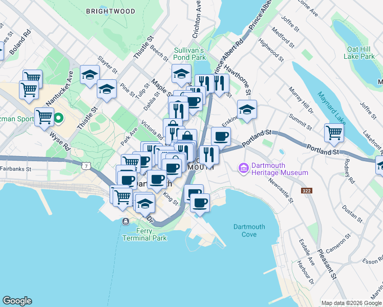 map of restaurants, bars, coffee shops, grocery stores, and more near 171 Portland Street in Dartmouth
