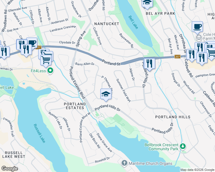 map of restaurants, bars, coffee shops, grocery stores, and more near 46 P Thomas Drive in Dartmouth