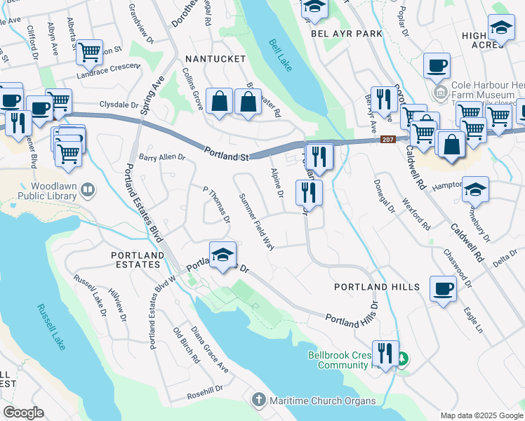 map of restaurants, bars, coffee shops, grocery stores, and more near 295 Summer Field Way in Dartmouth