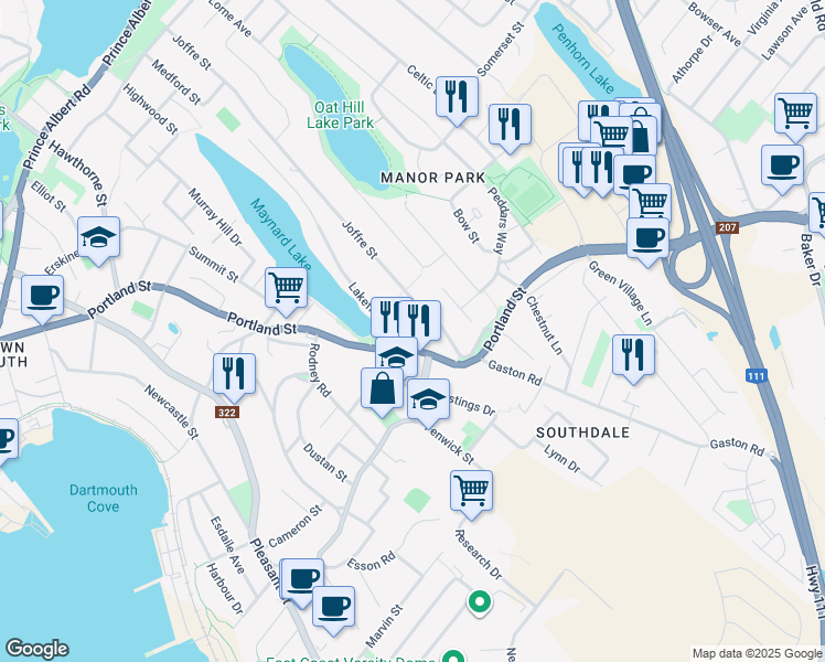 map of restaurants, bars, coffee shops, grocery stores, and more near 4 Lakefront Road in Dartmouth