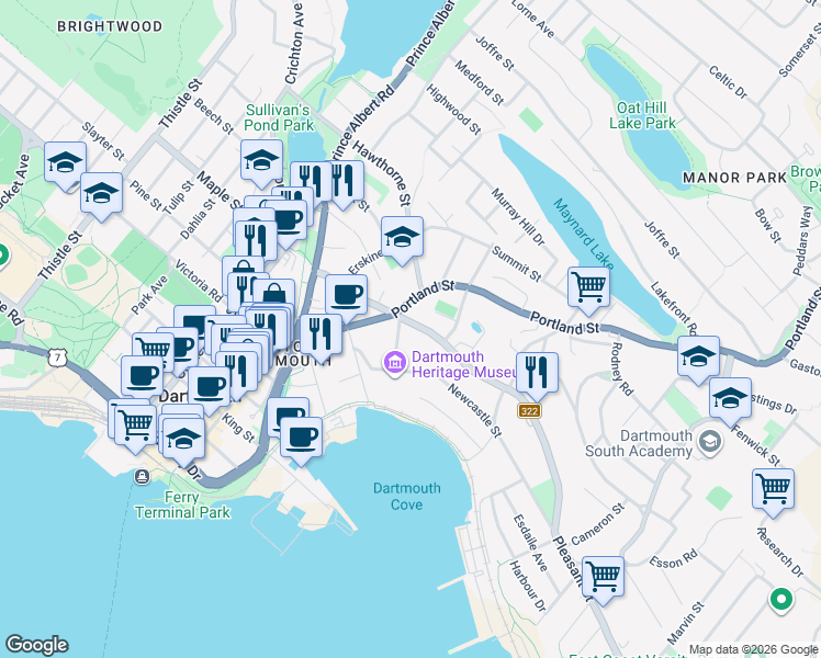 map of restaurants, bars, coffee shops, grocery stores, and more near 50 Pleasant Street in Dartmouth