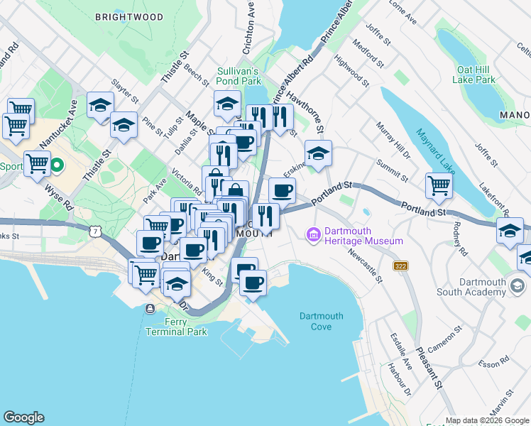 map of restaurants, bars, coffee shops, grocery stores, and more near 183 Portland Street in Dartmouth