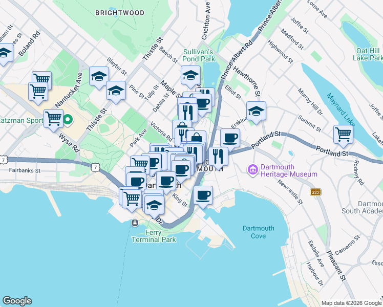 map of restaurants, bars, coffee shops, grocery stores, and more near 116 Ochterloney Street in Dartmouth
