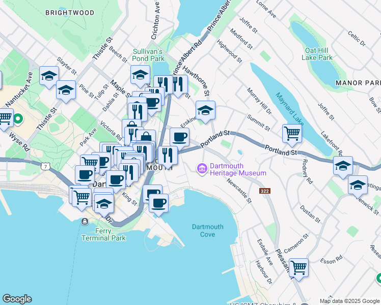 map of restaurants, bars, coffee shops, grocery stores, and more near 222 Portland Street in Dartmouth