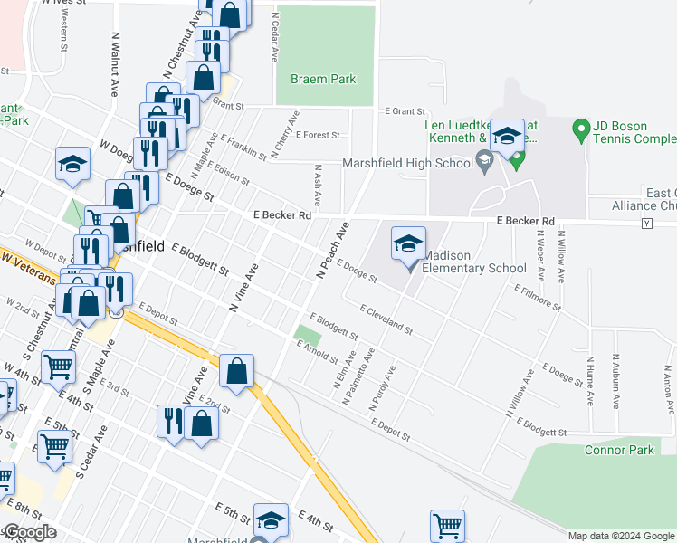 map of restaurants, bars, coffee shops, grocery stores, and more near 501 North Peach Avenue in Marshfield
