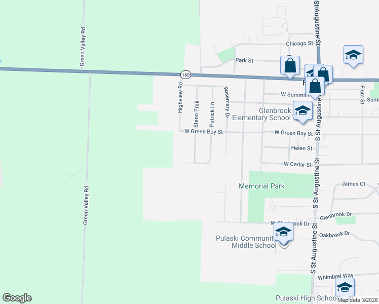 map of restaurants, bars, coffee shops, grocery stores, and more near 596 West Green Bay Street in Pulaski