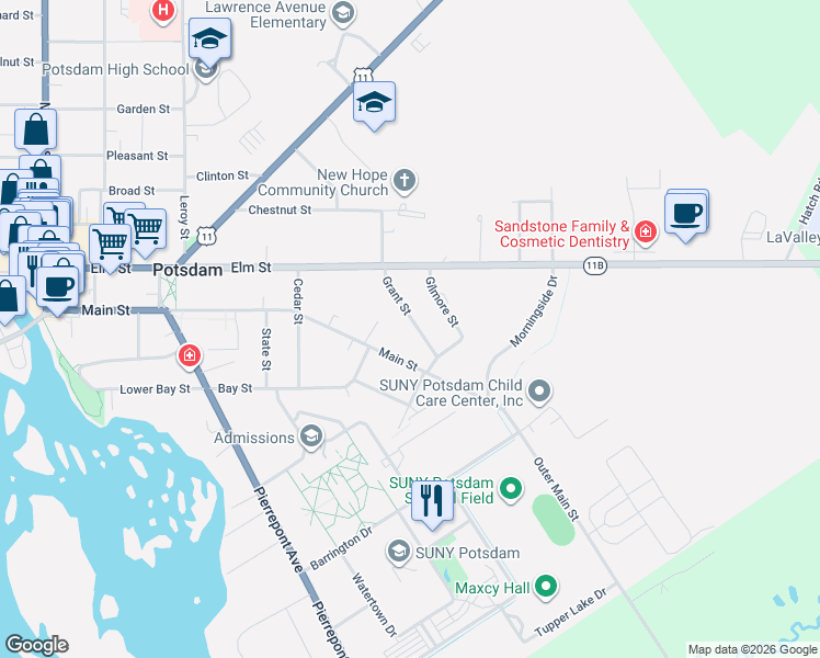 map of restaurants, bars, coffee shops, grocery stores, and more near 16 Grant Street in Potsdam