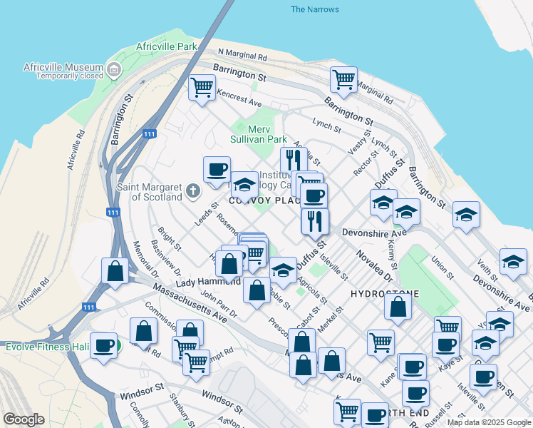 map of restaurants, bars, coffee shops, grocery stores, and more near 3624 Merson Avenue in Halifax