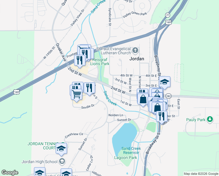 map of restaurants, bars, coffee shops, grocery stores, and more near 204 Mertens Street in Jordan