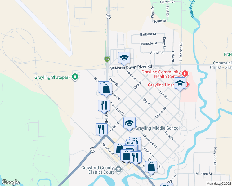 map of restaurants, bars, coffee shops, grocery stores, and more near 600 Smith Street in Grayling