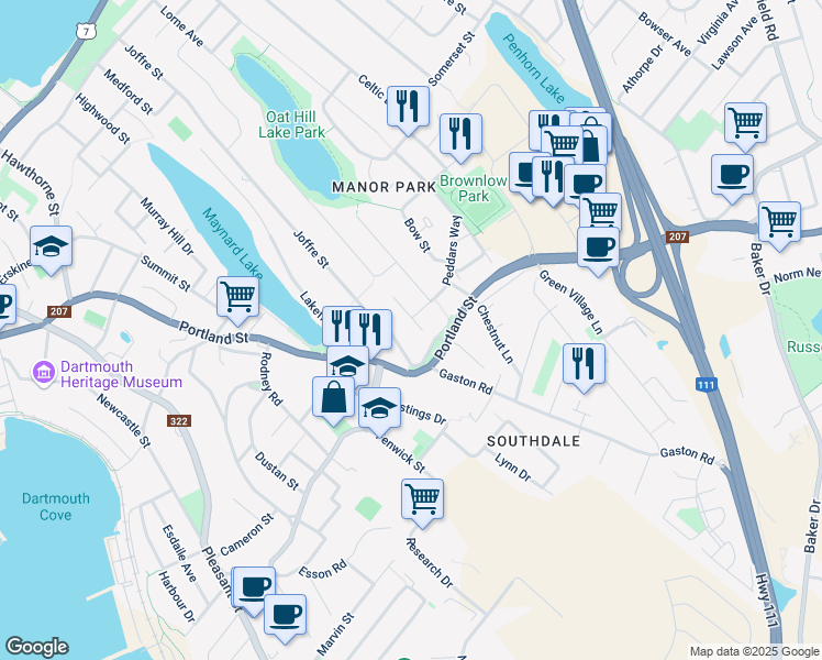 map of restaurants, bars, coffee shops, grocery stores, and more near 14 Foxgrove Lane in Dartmouth