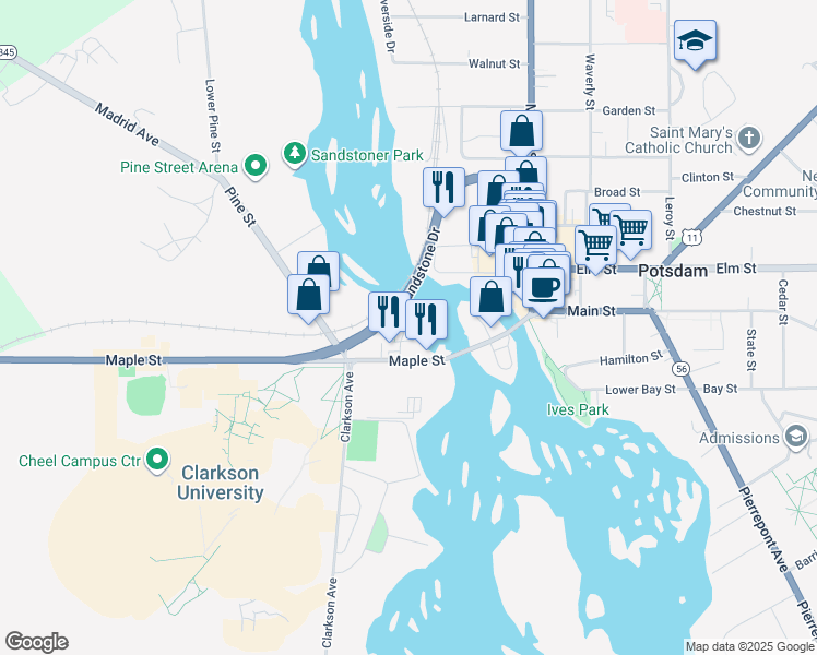map of restaurants, bars, coffee shops, grocery stores, and more near 606 Swan Street in Potsdam