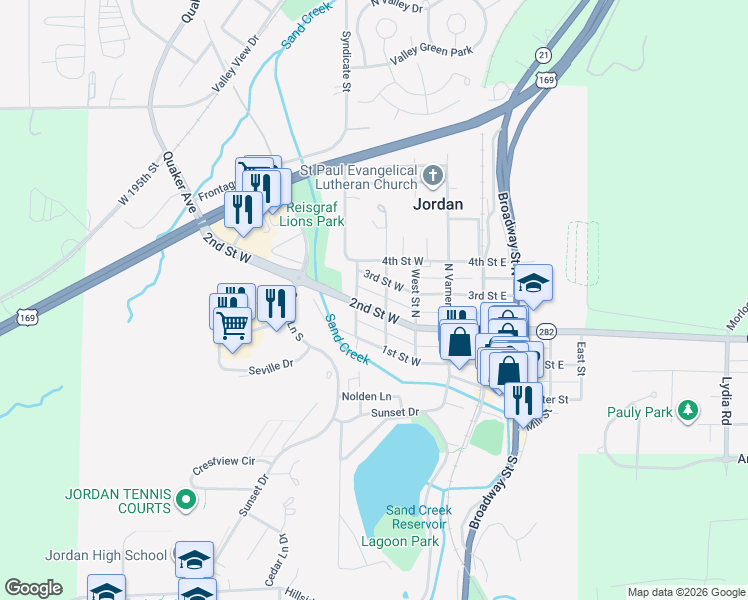 map of restaurants, bars, coffee shops, grocery stores, and more near 220 3rd Street West in Jordan