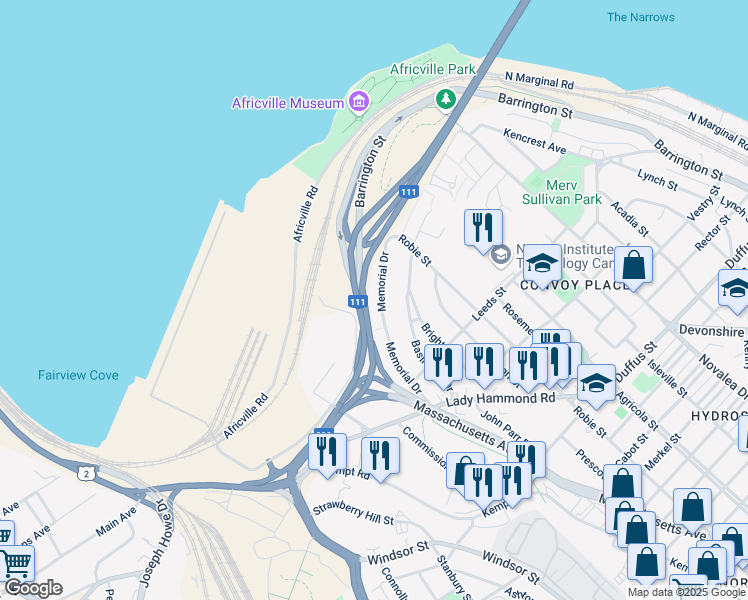 map of restaurants, bars, coffee shops, grocery stores, and more near 3836 Memorial Drive in Halifax