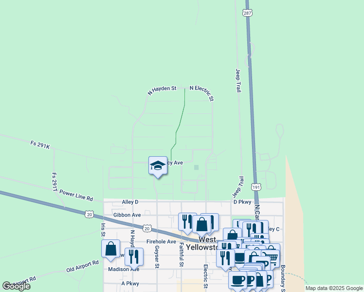 map of restaurants, bars, coffee shops, grocery stores, and more near 337 Lewis Avenue in West Yellowstone