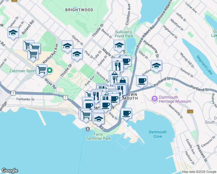 map of restaurants, bars, coffee shops, grocery stores, and more near 99 Ochterloney Street in Dartmouth