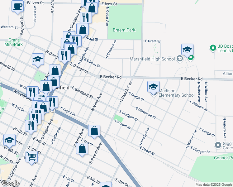 map of restaurants, bars, coffee shops, grocery stores, and more near 411 North Ash Avenue in Marshfield