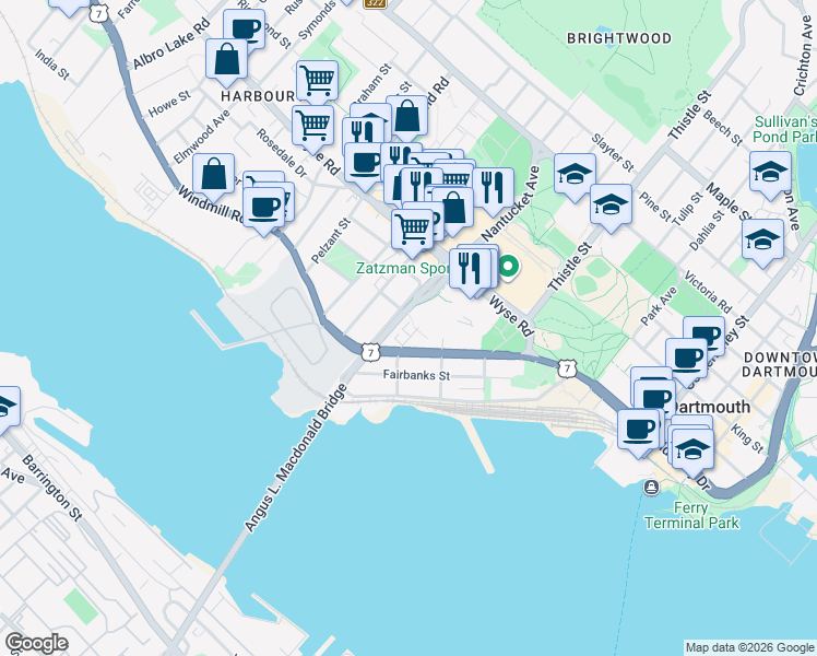 map of restaurants, bars, coffee shops, grocery stores, and more near 23 Best Street in Dartmouth