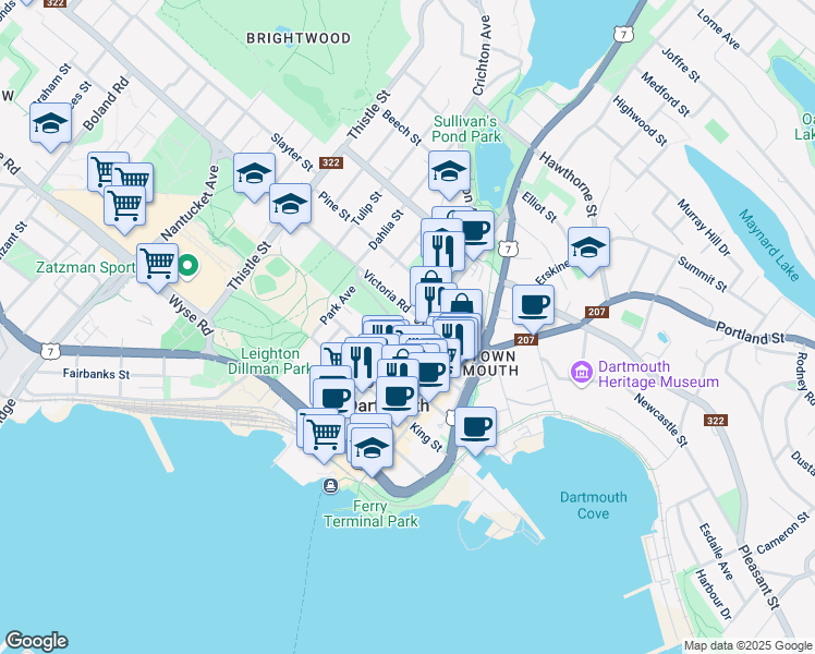 map of restaurants, bars, coffee shops, grocery stores, and more near in Dartmouth