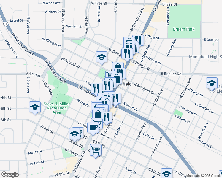 map of restaurants, bars, coffee shops, grocery stores, and more near in Marshfield