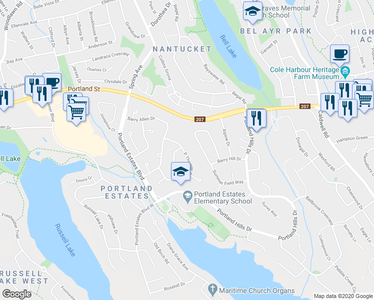 map of restaurants, bars, coffee shops, grocery stores, and more near 46 P Thomas Drive in Dartmouth