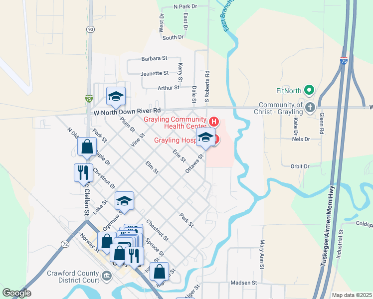 map of restaurants, bars, coffee shops, grocery stores, and more near 501-599 Rose St in Grayling