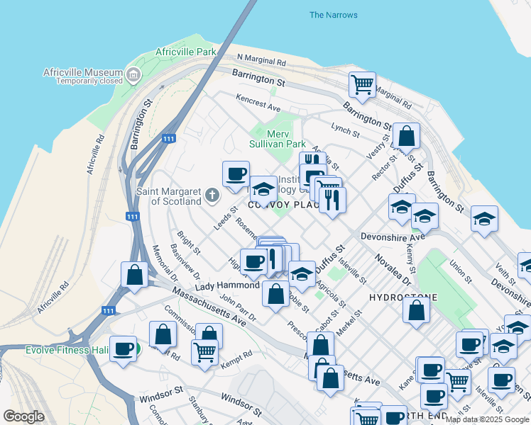 map of restaurants, bars, coffee shops, grocery stores, and more near 3669 Highland Avenue in Halifax