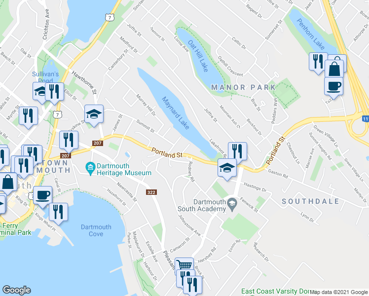 map of restaurants, bars, coffee shops, grocery stores, and more near 11 Brenton Street in Dartmouth
